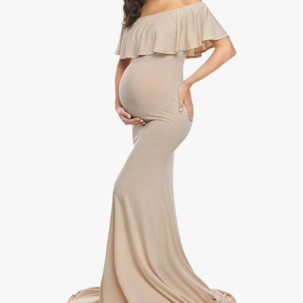 Glampunch Womens Off Shoulder Maternity Dress Ruffles Elegant Slim Gowns Fit Max